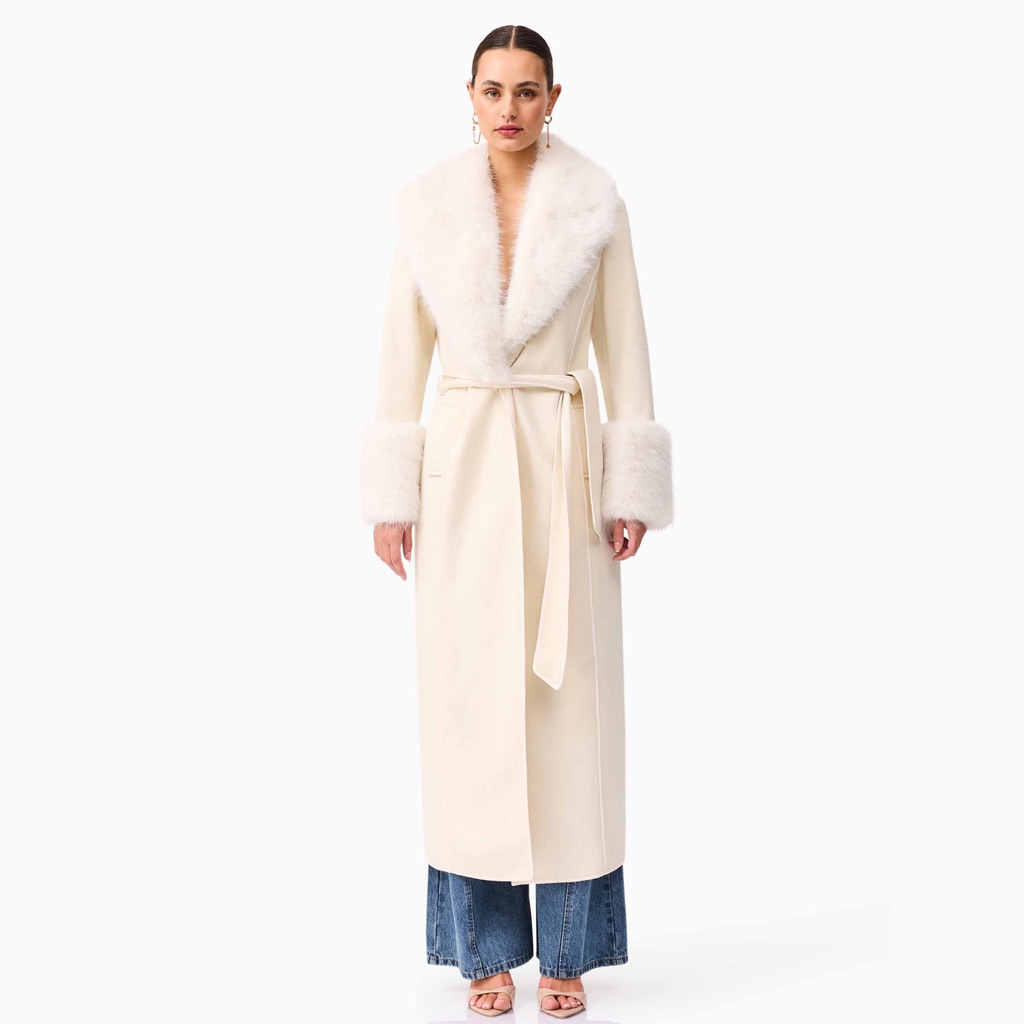 Elliatt Aria Faux Fur Trim Belted Coat In Cream Size Xl Nwt